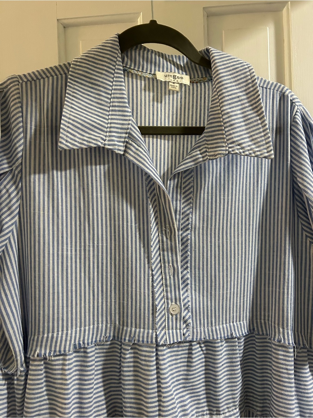 Umgee Blue & White Striped Button-Front Peplum Blouse - Picture 3 of 6